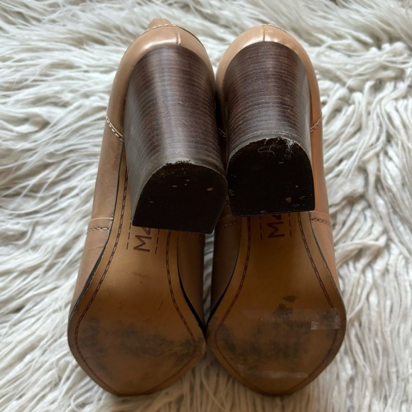 M4DE Tan Leather Ankle Stacked Block Heel Pointed Toe Asymmetric Booties Size 9 - Picture 8 of 12